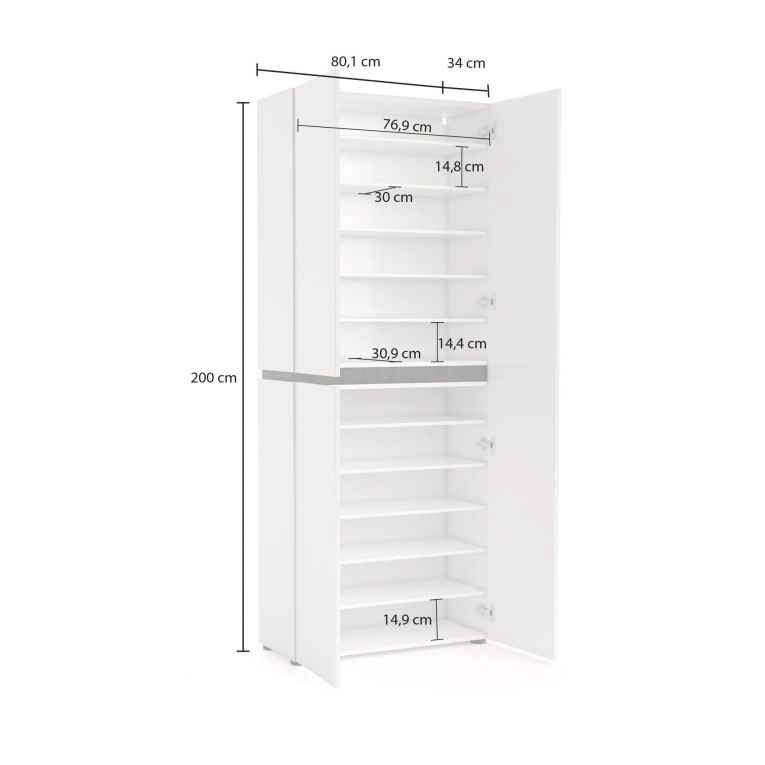 Scarpiera Malabo, Mobile portascarpe, Armadio da ingresso multiuso, Mobiletto per calzature, Made in Italy, 80x34h200 cm, Bianco lucido e Antracite
