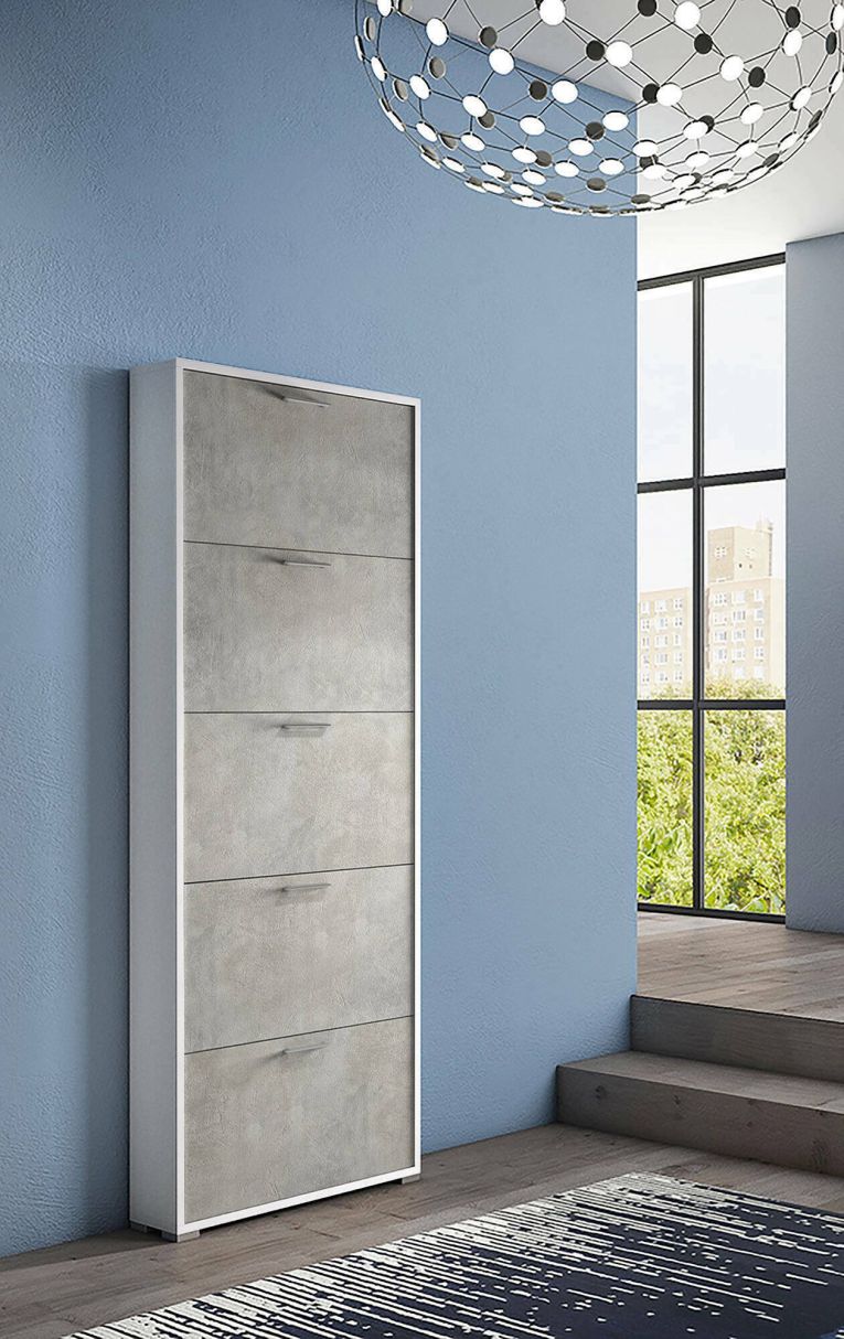 Scarpiera Margherita, Mobile multiuso da ingresso con 5 ante a ribalta-, Armadietto portascarpe moderno, 100% Made in Italy, 67x18h184 cm, Cemento e Bianco