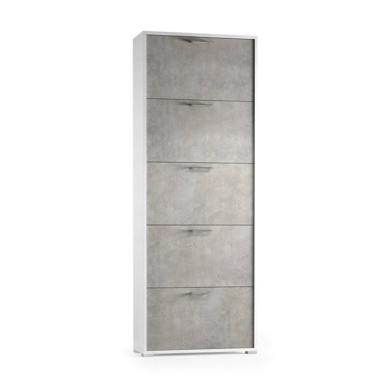 Scarpiera Margherita, Mobile multiuso da ingresso con 5 ante a ribalta-, Armadietto portascarpe moderno, 100% Made in Italy, 67x18h184 cm, Cemento e Bianco