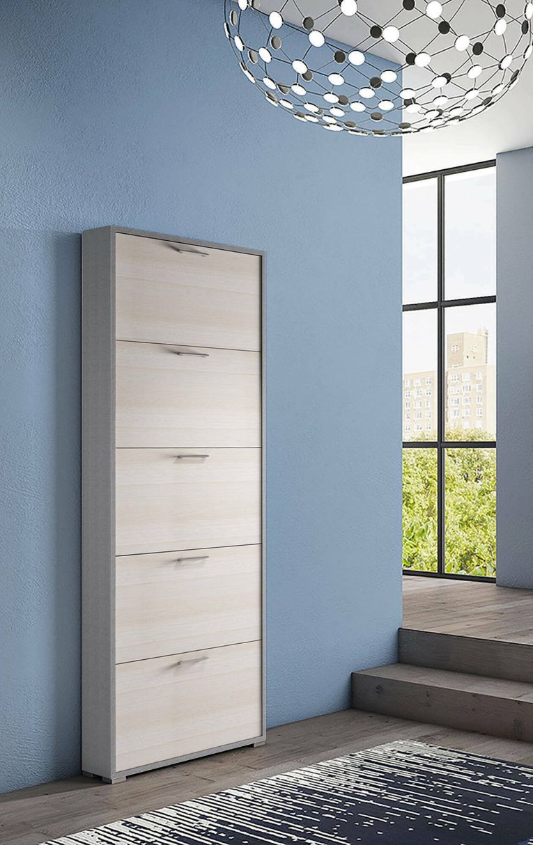 Scarpiera Margherita, Mobile multiuso da ingresso con 5 ante a ribalta-, Armadietto portascarpe moderno, 100% Made in Italy, 67x18h184 cm, Larice