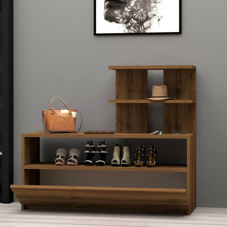 Scarpiera Marrone Noce 4 Ripiani 12 Paia 100x30x85h cm, Un'anta - Sinni