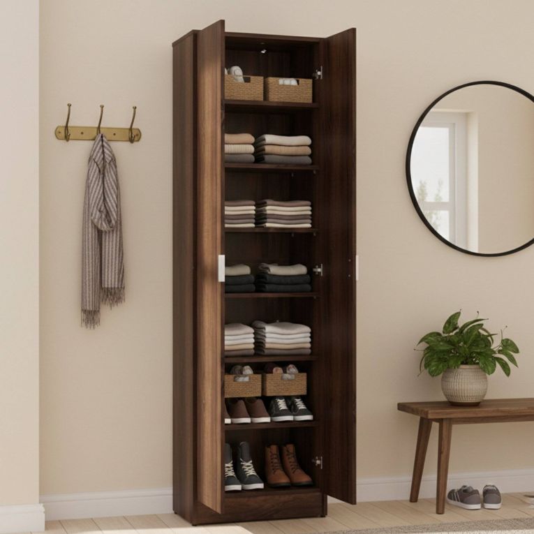 Scarpiera Marrone Noce 6 Ripiani 2 Ante 60x33x191.5h cm, Maniglie Incluse - Delizia