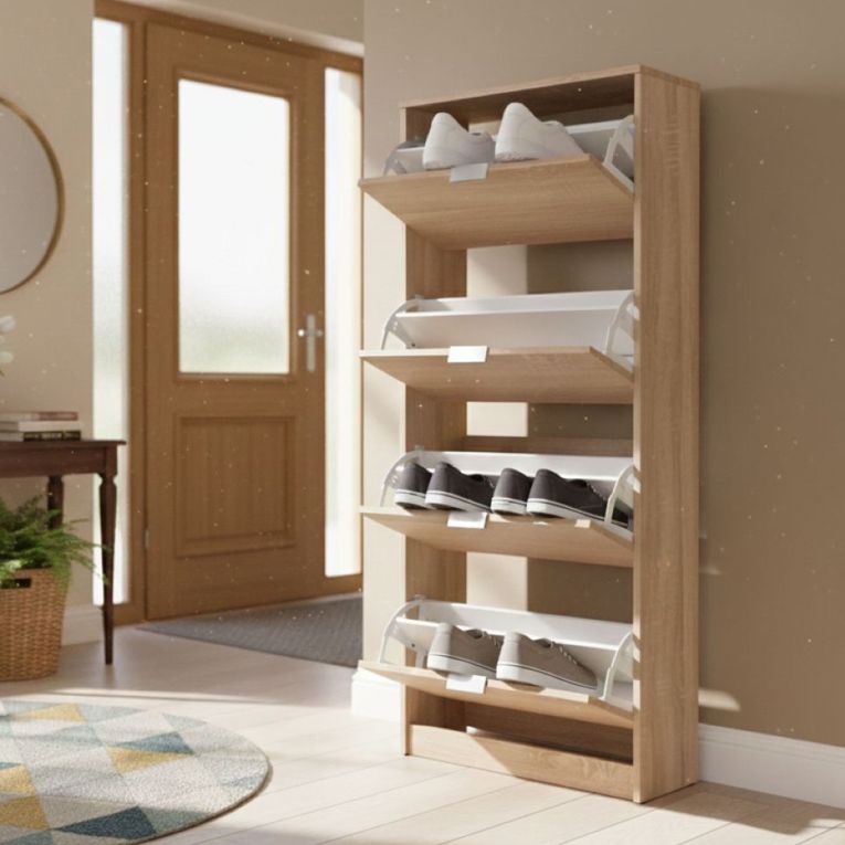Scarpiera Marrone Rovere 8 Ripiani 4 Ante 67x28x155.5h cm, Maniglie Incluse - Santina