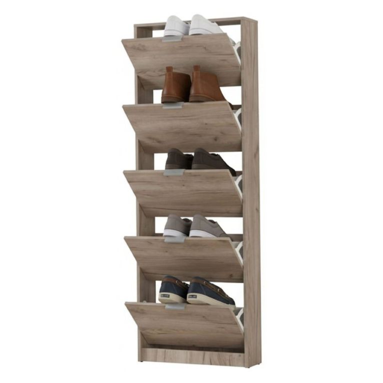 Scarpiera Marrone Rovere Grigio 10 Ripiani 5 Ante 67x28x191.5h cm, Maniglie Incluse - Sueglio