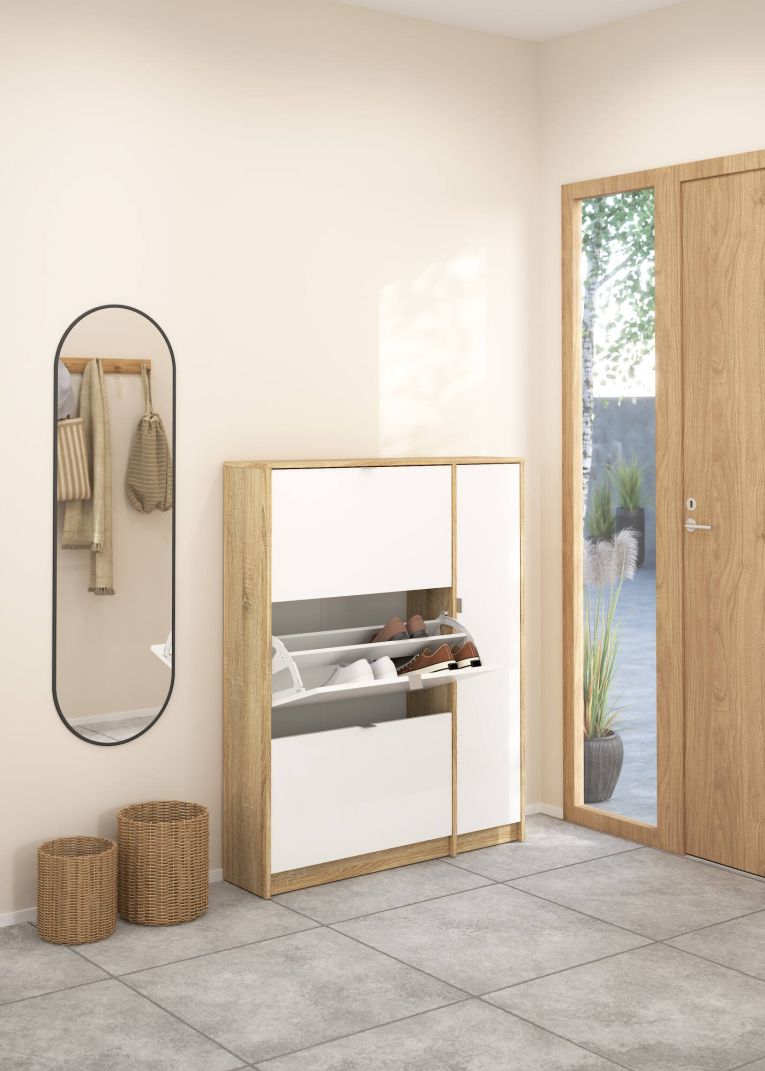 Scarpiera Marthe, Mobile portascarpe, Armadio da ingresso multiuso, Mobiletto per calzature, 99x24 h124 cm, Quercia e Bianco