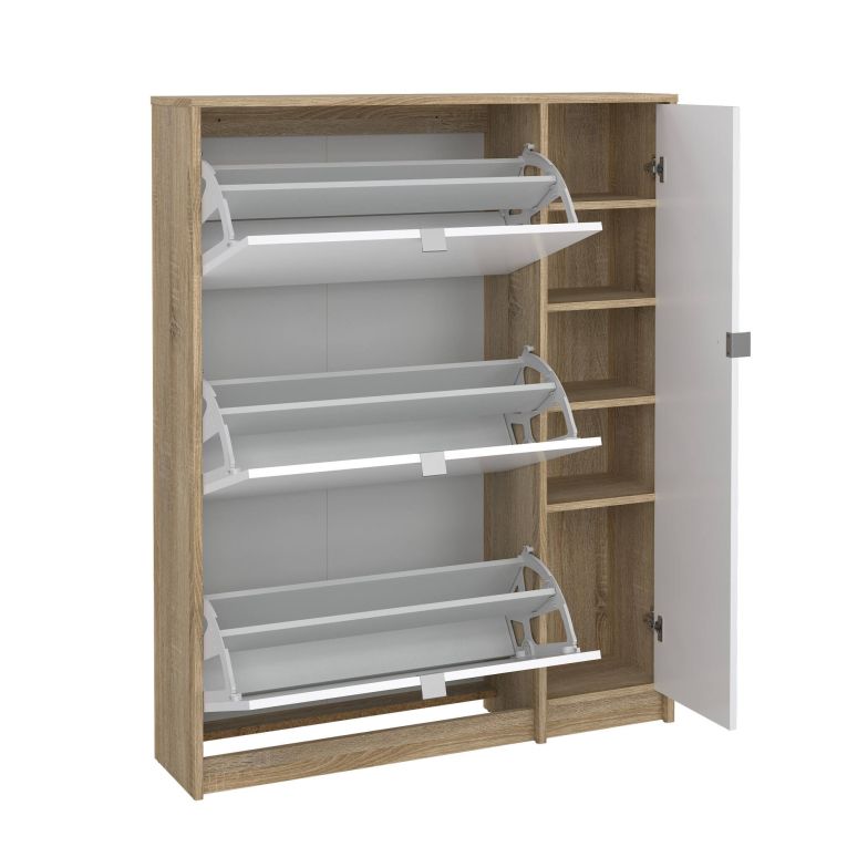 Scarpiera Marthe, Mobile portascarpe, Armadio da ingresso multiuso, Mobiletto per calzature, 99x24 h124 cm, Quercia e Bianco