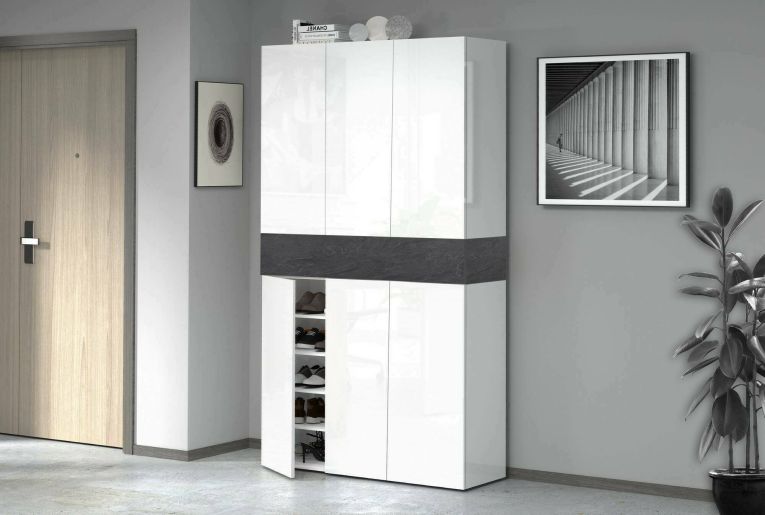 Scarpiera Marzio, Porta scarpe salvaspazio a 7 ante, Armadio multifunzione da ingresso, 114x35h200 cm, Bianco e Ardesia