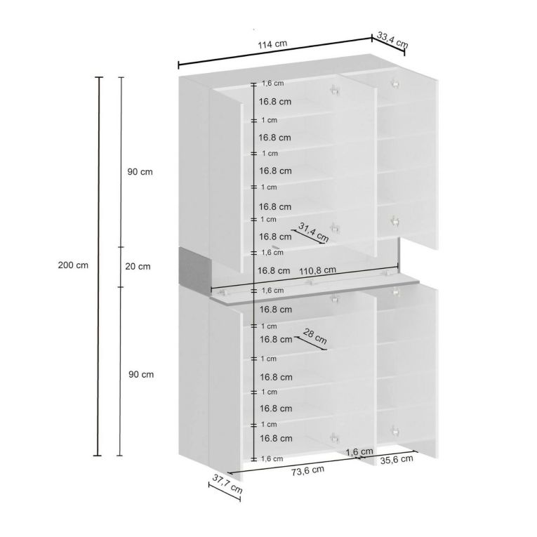 Scarpiera Marzio, Porta scarpe salvaspazio a 7 ante, Armadio multifunzione da ingresso, 114x35h200 cm, Bianco e Ardesia