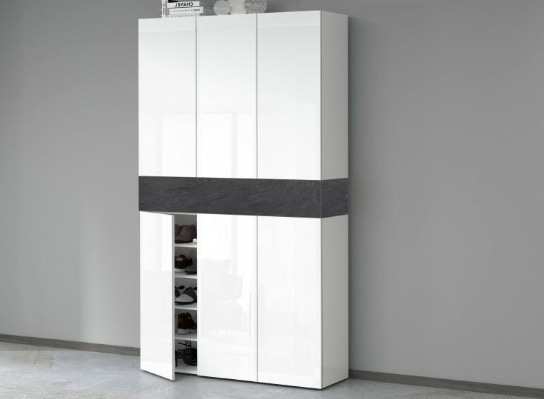 Scarpiera Marzio, Porta scarpe salvaspazio a 7 ante, Armadio multifunzione da ingresso, 114x35h200 cm, Bianco e Ardesia