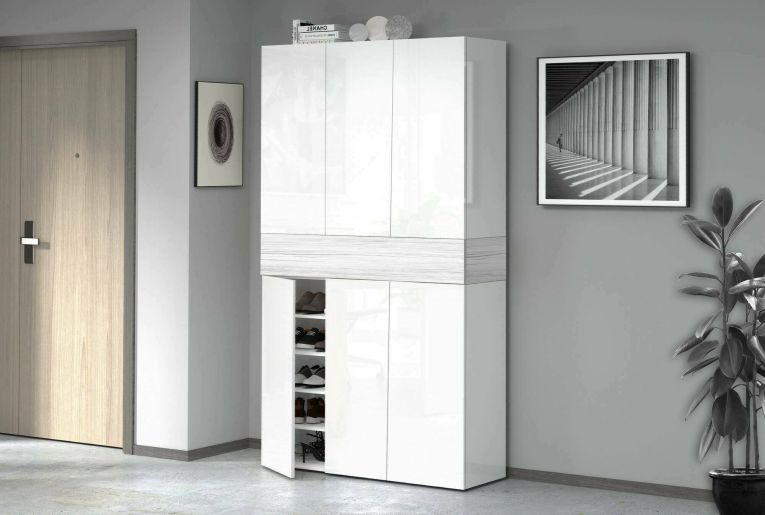 Scarpiera Marzio, Porta scarpe salvaspazio a 7 ante, Armadio multifunzione da ingresso, 114x35h200 cm, Bianco effetto larice