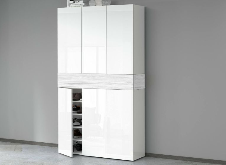 Scarpiera Marzio, Porta scarpe salvaspazio a 7 ante, Armadio multifunzione da ingresso, 114x35h200 cm, Bianco effetto larice