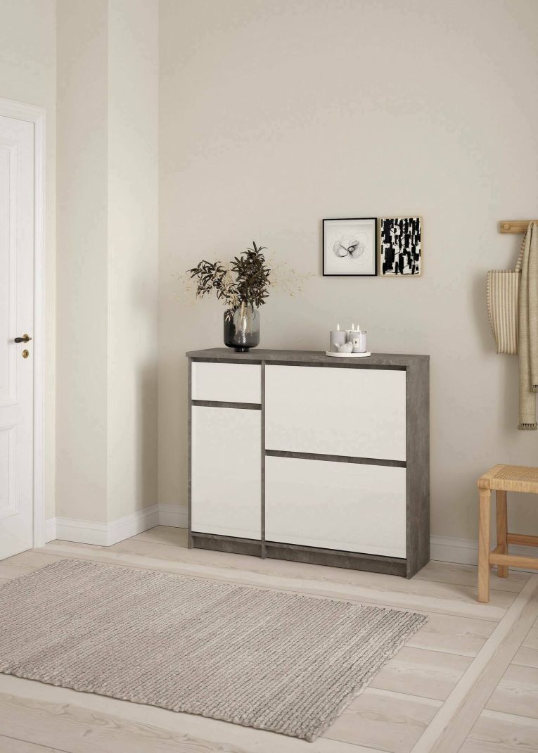 Scarpiera Maxime, Mobile portascarpe, Armadio da ingresso multiuso, Mobiletto per calzature, 32x109 h93 cm, Cemento e Bianco
