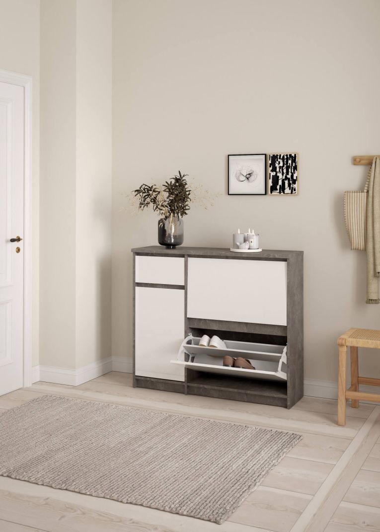 Scarpiera Maxime, Mobile portascarpe, Armadio da ingresso multiuso, Mobiletto per calzature, 32x109 h93 cm, Cemento e Bianco