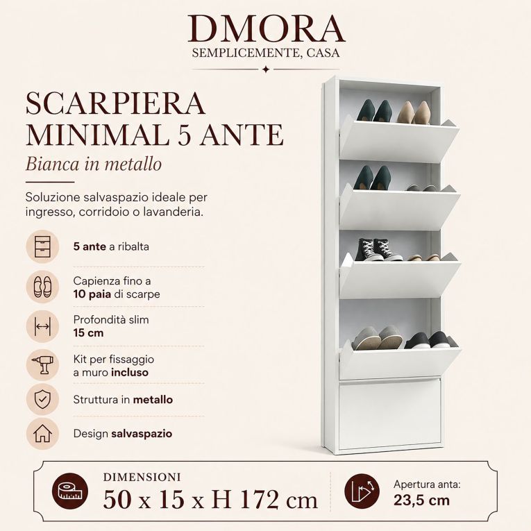 Scarpiera minimal 5 ante bianca 50x172h cm in metallo - Afrend