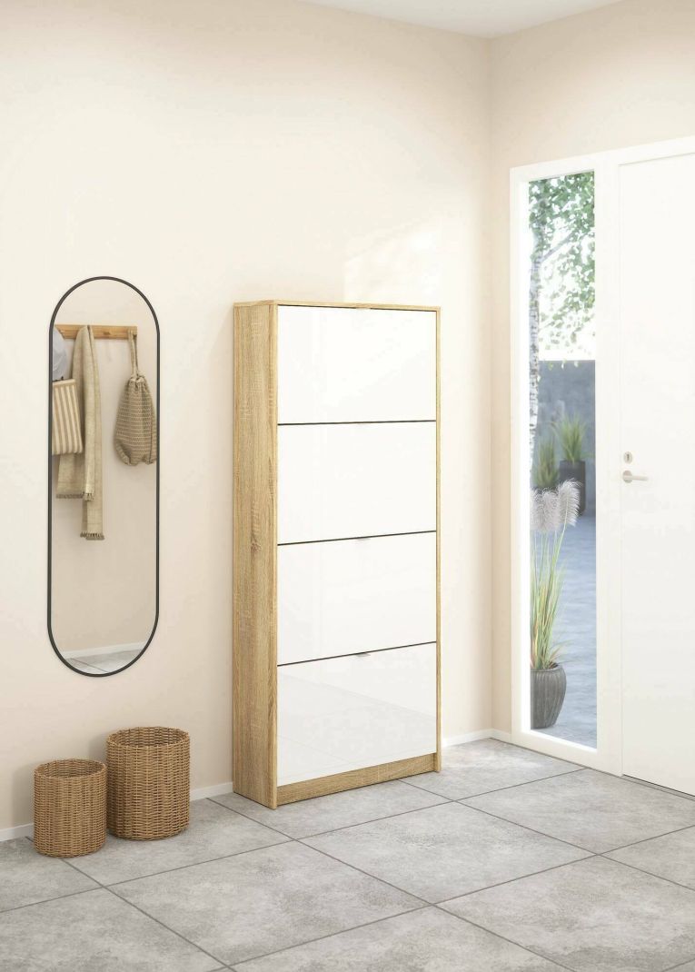 Scarpiera Natalie, Mobile portascarpe, Armadio da ingresso multiuso, Mobiletto per calzature, 24x70 h162 cm, Quercia e Bianco