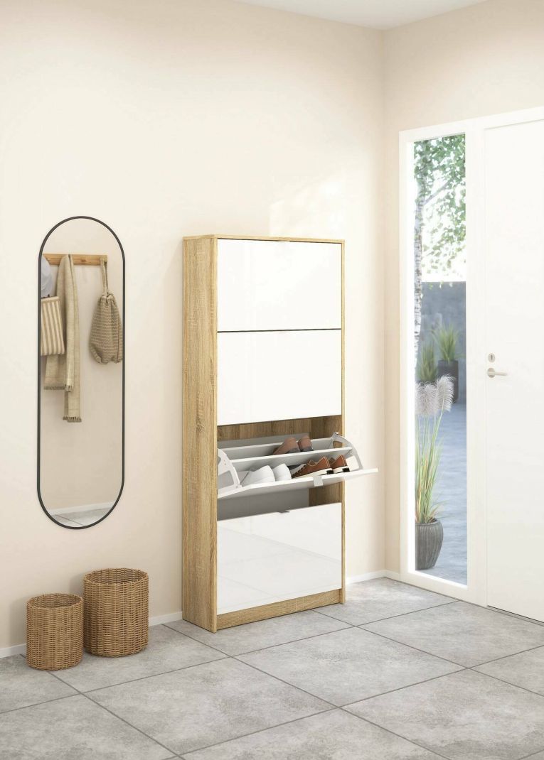Scarpiera Natalie, Mobile portascarpe, Armadio da ingresso multiuso, Mobiletto per calzature, 24x70 h162 cm, Quercia e Bianco