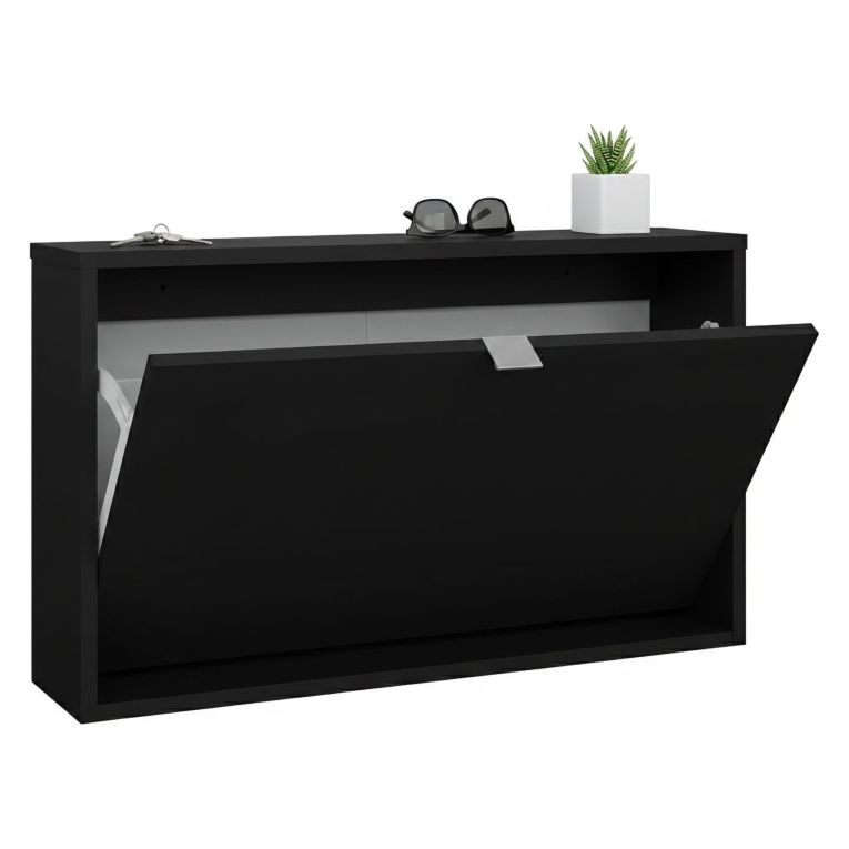 Scarpiera Nero un Ripiano Un'anta 70.3x16.55x41.8h cm, 2 Vani - Loveno