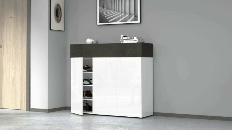 Scarpiera Nick, Porta scarpe salvaspazio a 4 ante, Armadio multifunzione da ingresso, 114x38h100 cm, Bianco e Ardesia