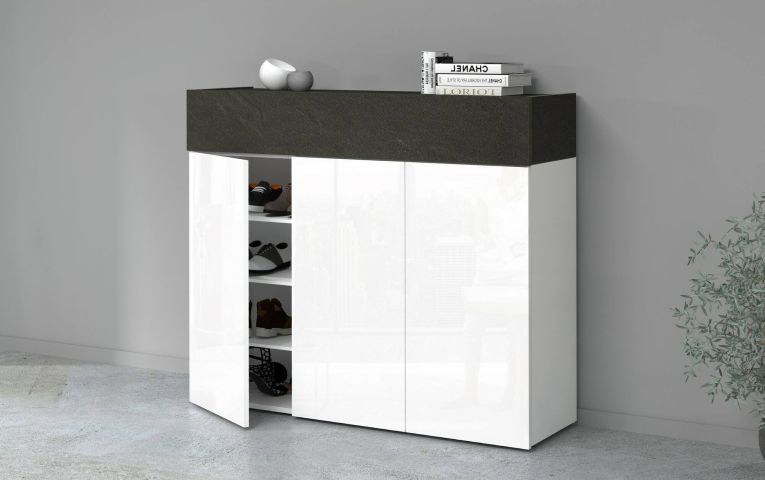 Scarpiera Nick, Porta scarpe salvaspazio a 4 ante, Armadio multifunzione da ingresso, 114x38h100 cm, Bianco e Ardesia