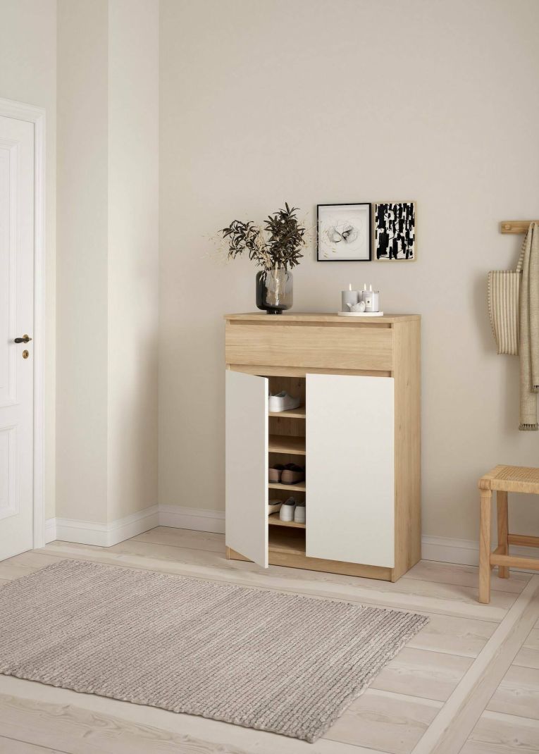 Scarpiera Noelle, Mobile portascarpe, Armadio da ingresso multiuso, Mobiletto per calzature, 40x80 h111 cm, Rovere e Bianco