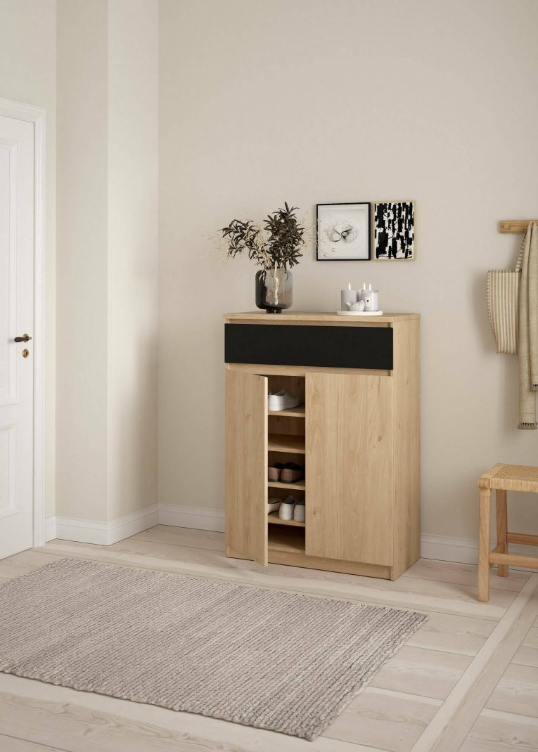 Scarpiera Noelle, Mobile portascarpe, Armadio da ingresso multiuso, Mobiletto per calzature, 40x80 h111 cm, Rovere e Nero