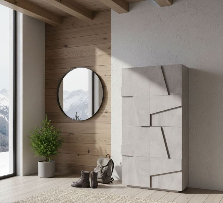 Scarpiera Orfeo, Mobile multiuso a 4 ante battenti, Portascarpe da ingresso, 100% Made in Italy, cm 81x38h167, Cemento