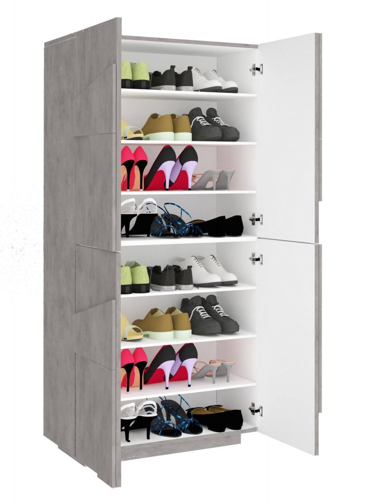 Scarpiera Orfeo, Mobile multiuso a 4 ante battenti, Portascarpe da ingresso, 100% Made in Italy, cm 81x38h167, Cemento