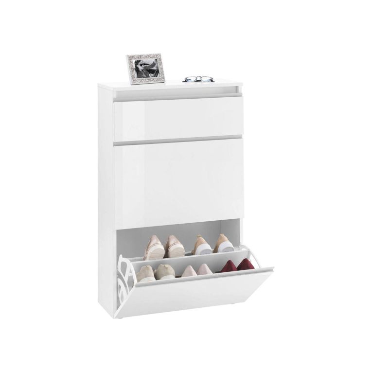 Scarpiera Paco, Mobile multiuso a 2 ante e 1 anta a ribalta-, Portascarpe da ingresso, 100% Made in Italy, cm 60x27h108, Bianco lucido