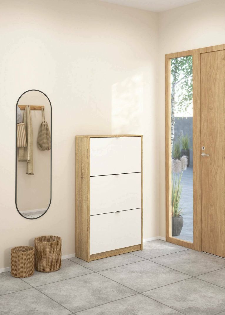 Scarpiera Paris, Mobile portascarpe, Armadio da ingresso multiuso, Mobiletto per calzature, 70x24 h124 cm, Quercia e Bianco
