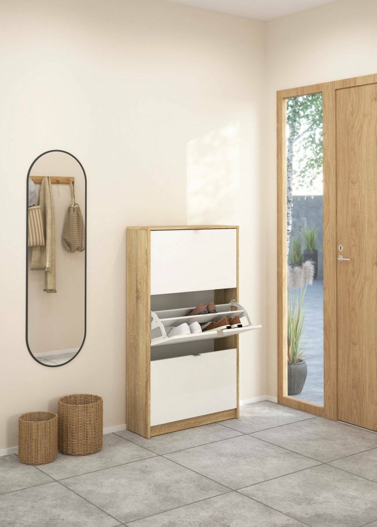 Scarpiera Paris, Mobile portascarpe, Armadio da ingresso multiuso, Mobiletto per calzature, 70x24 h124 cm, Quercia e Bianco