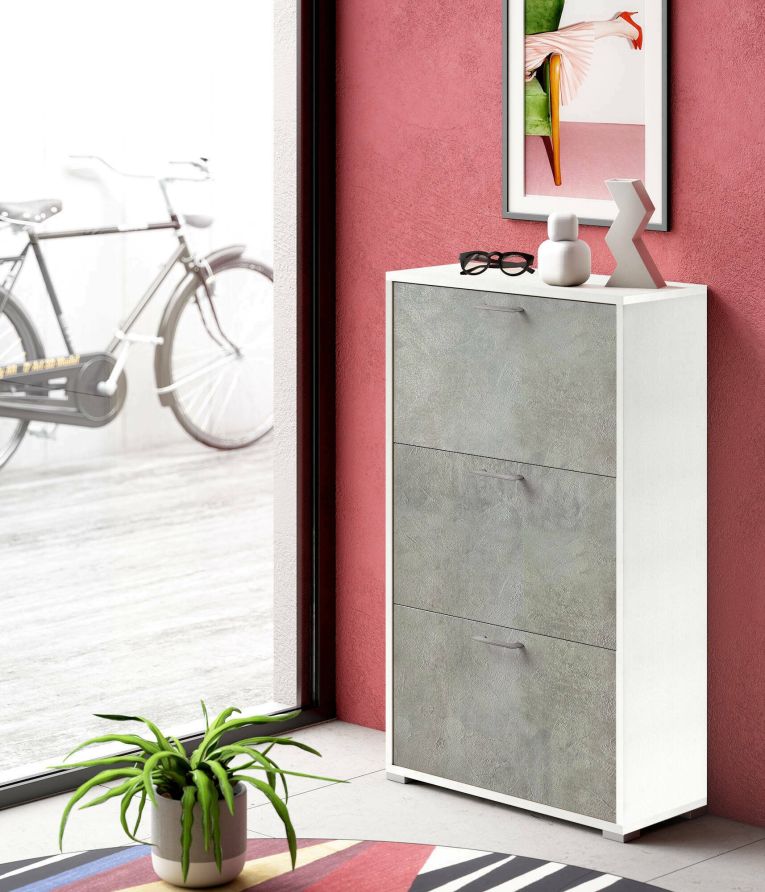 Scarpiera Peonia, Mobile multiuso da ingresso con 3 ante a ribalta-, Armadietto portascarpe a doppia profondità, 100% Made in Italy, 67x28h112 cm, Bianco e Cemento