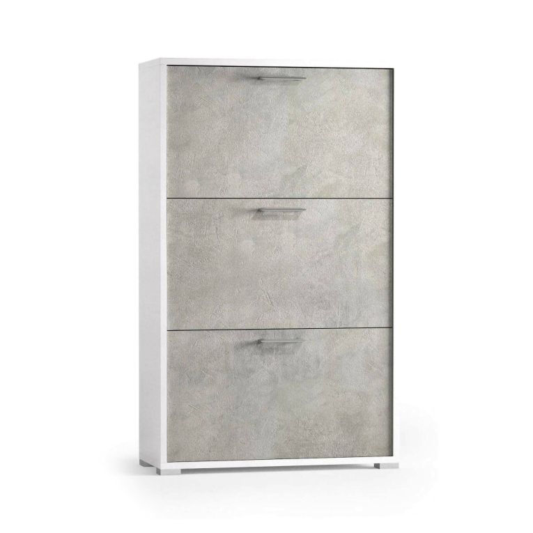 Scarpiera Peonia, Mobile multiuso da ingresso con 3 ante a ribalta-, Armadietto portascarpe a doppia profondità, 100% Made in Italy, 67x28h112 cm, Bianco e Cemento