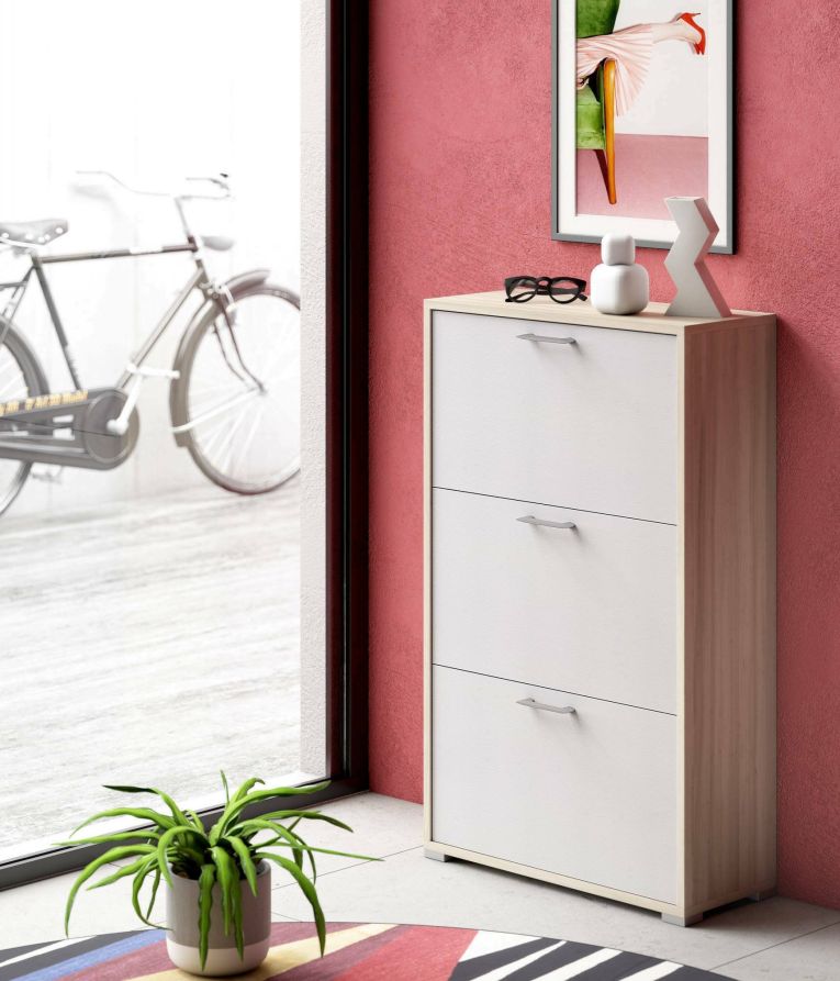 Scarpiera Peonia, Mobile multiuso da ingresso con 3 ante a ribalta-, Armadietto portascarpe a doppia profondità, 100% Made in Italy, 67x28h112 cm, Bianco e Olmo