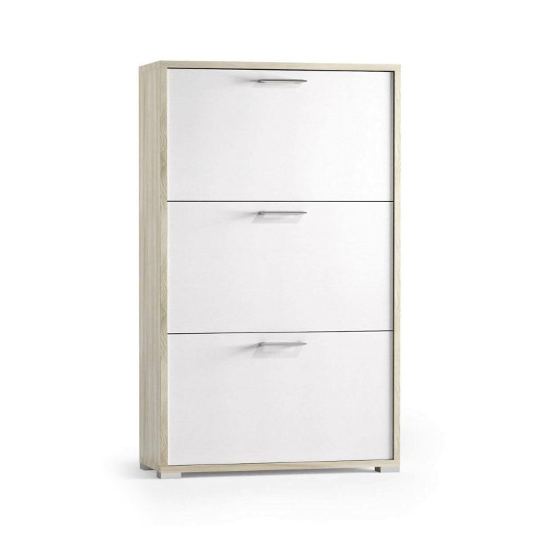Scarpiera Peonia, Mobile multiuso da ingresso con 3 ante a ribalta-, Armadietto portascarpe a doppia profondità, 100% Made in Italy, 67x28h112 cm, Bianco e Olmo