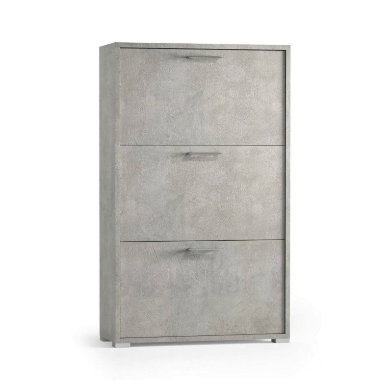 Scarpiera Peonia, Mobile multiuso da ingresso con 3 ante a ribalta-, Armadietto portascarpe a doppia profondità, 100% Made in Italy, 67x28h112 cm, Cemento