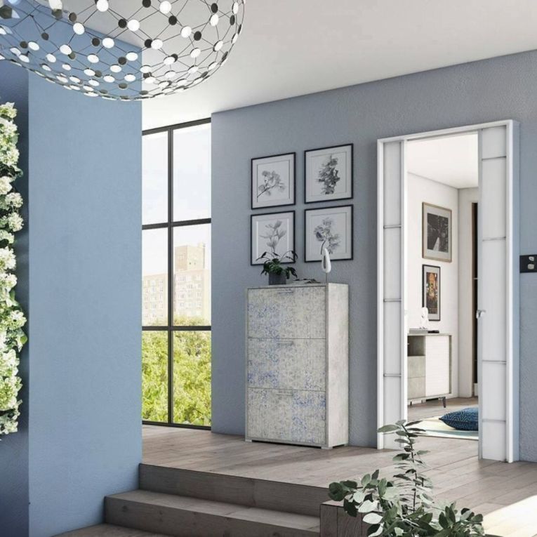 Scarpiera Peonia, Mobile multiuso da ingresso con 3 ante a ribalta-, Armadietto portascarpe a doppia profondità, 100% Made in Italy, 67x28h112 cm, Cemento e Azzurro