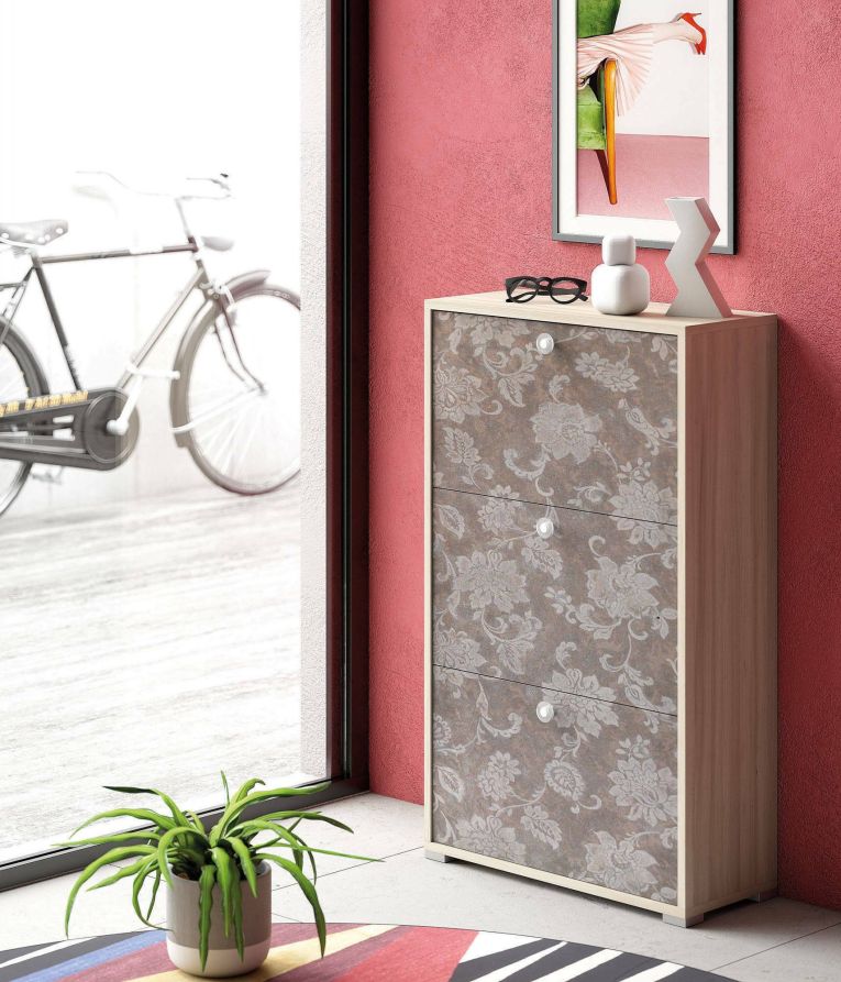 Scarpiera Peonia, Mobile multiuso da ingresso con 3 ante a ribalta-, Armadietto portascarpe a doppia profondità, 100% Made in Italy, 67x28h112 cm, Olmo e fantasia