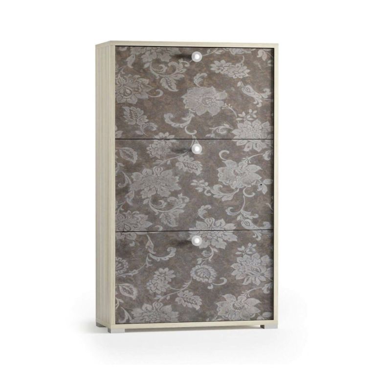 Scarpiera Peonia, Mobile multiuso da ingresso con 3 ante a ribalta-, Armadietto portascarpe a doppia profondità, 100% Made in Italy, 67x28h112 cm, Olmo e fantasia