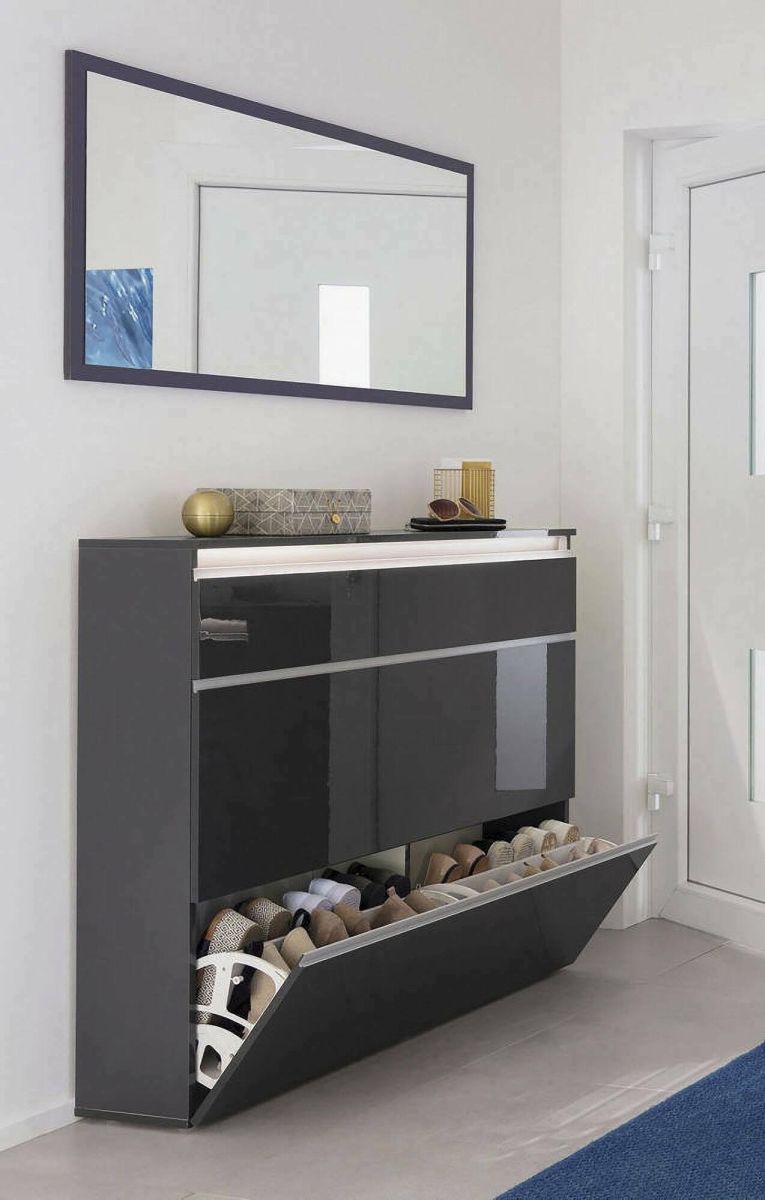 Scarpiera Piero, Mobile multiuso a 2 ante e 1 anta a ribalta-, Portascarpe da ingresso, 100% Made in Italy, cm 120x27h108, Antracite lucido
