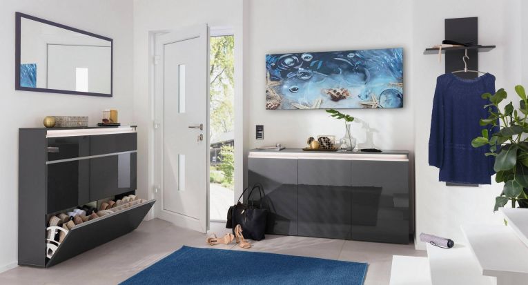Scarpiera Piero, Mobile multiuso a 2 ante e 1 anta a ribalta-, Portascarpe da ingresso, 100% Made in Italy, cm 120x27h108, Antracite lucido