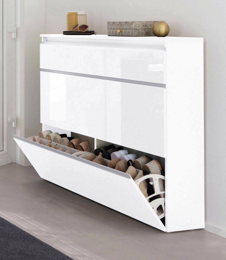 Scarpiera Piero, Mobile multiuso a 2 ante e 1 anta a ribalta-, Portascarpe da ingresso, 100% Made in Italy, cm 120x27h108, Bianco lucido