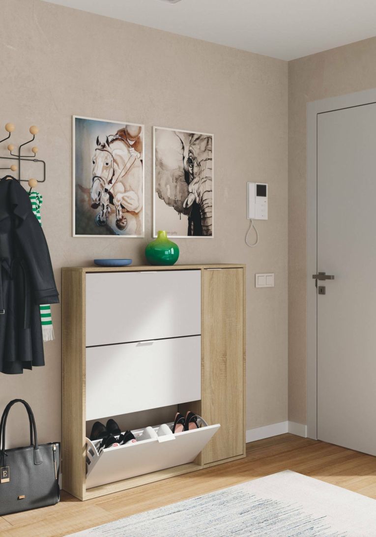 Scarpiera Provo, Armadio portascarpe a 4 ante, Mobile basso multiuso con 5 ripiani, Scarpiera moderna, 106x22h115 cm, Rovere e Bianco