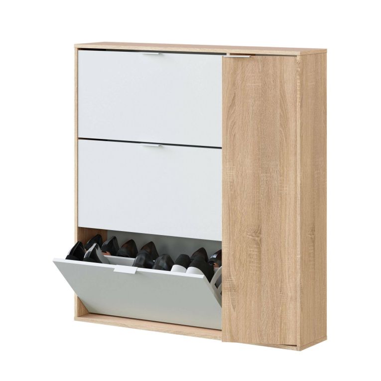 Scarpiera Provo, Armadio portascarpe a 4 ante, Mobile basso multiuso con 5 ripiani, Scarpiera moderna, 106x22h115 cm, Rovere e Bianco