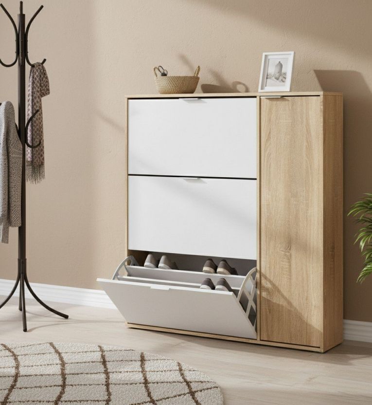Scarpiera Provo, Armadio portascarpe a 4 ante, Mobile basso multiuso con 5 ripiani, Scarpiera moderna, 106x22h115 cm, Rovere e Bianco