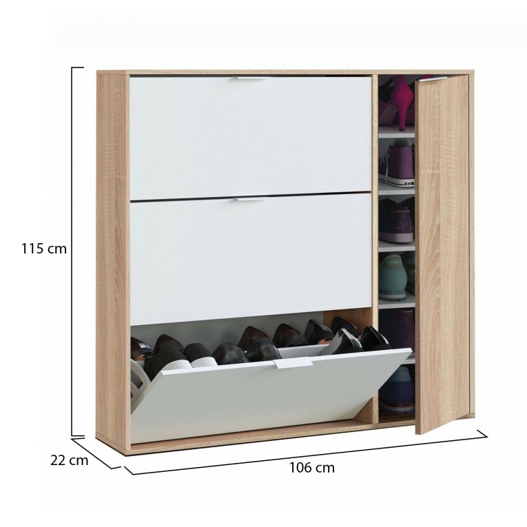 Scarpiera Provo, Armadio portascarpe a 4 ante, Mobile basso multiuso con 5 ripiani, Scarpiera moderna, 106x22h115 cm, Rovere e Bianco