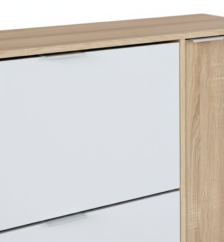 Scarpiera Provo, Armadio portascarpe a 4 ante, Mobile basso multiuso con 5 ripiani, Scarpiera moderna, 106x22h115 cm, Rovere e Bianco