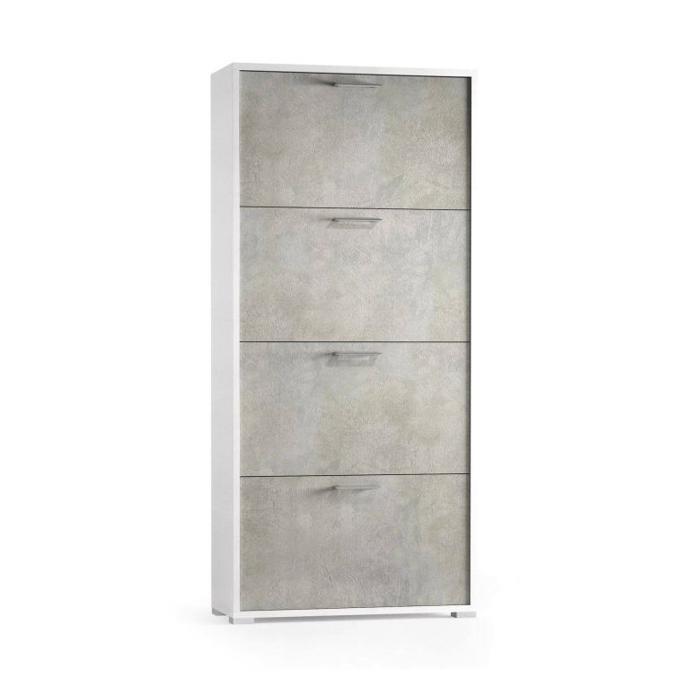 Scarpiera Rosa, Mobile multiuso da ingresso con 4 ante a ribalta-, Armadietto portascarpe a doppia profondità, 100% Made in Italy, 67x28h147 cm, Bianco e Cemento