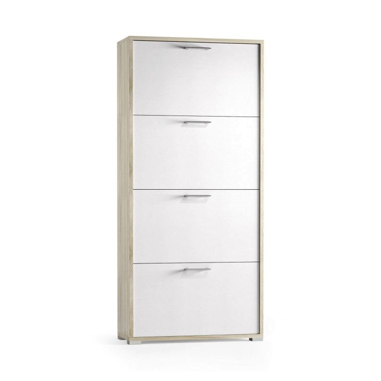Scarpiera Rosa, Mobile multiuso da ingresso con 4 ante a ribalta-, Armadietto portascarpe a doppia profondità, 100% Made in Italy, 67x28h147 cm, Bianco e Olmo