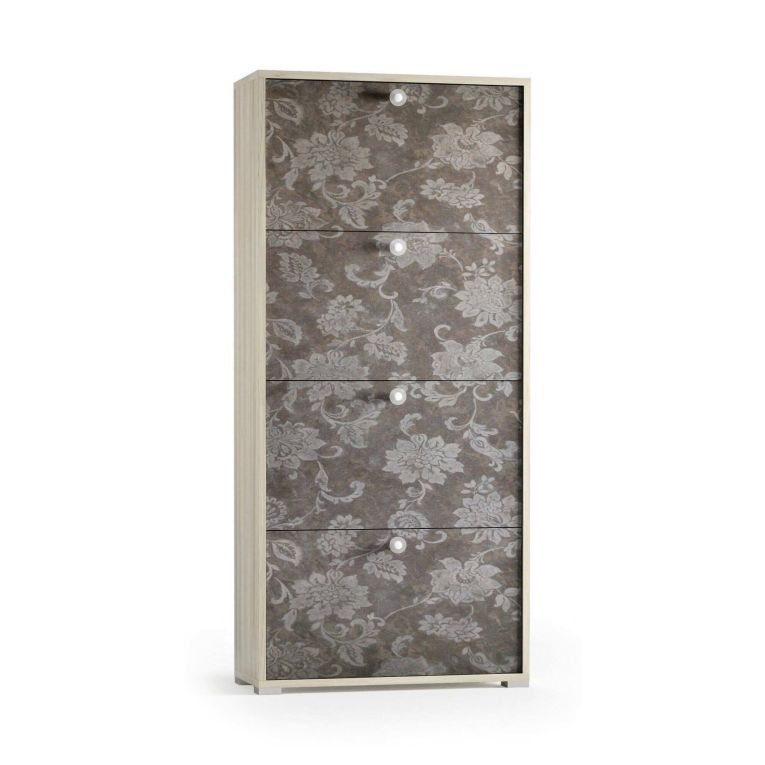 Scarpiera Rosa, Mobile multiuso da ingresso con 4 ante a ribalta-, Armadietto portascarpe a doppia profondità, 100% Made in Italy, 67x28h147 cm, Olmo e fantasia