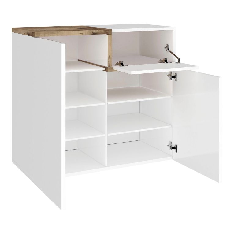 Scarpiera Ryan, Mobile multiuso a 2 ante e 1 anta a ribalta-, Portascarpe da ingresso, 100% Made in Italy, cm 80x40h80, Bianco lucido e Acero